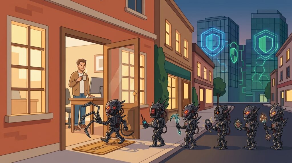 Illustration of a small business office with an open door as automated bots line up outside, showing why hackers target small businesses