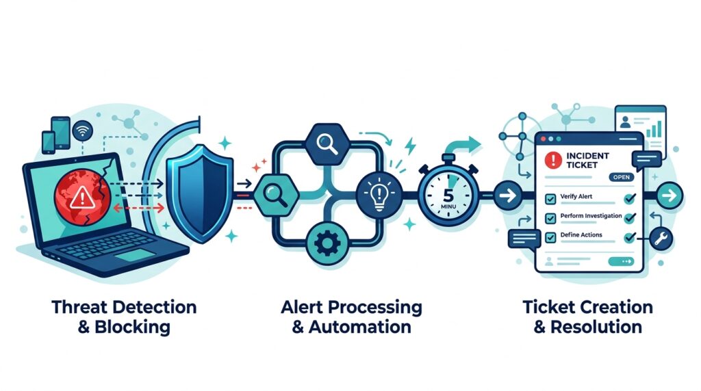 Diagram of an n8n workflow turning a DefensX blocked URL alert into a SuperOps ticket for MSP automation